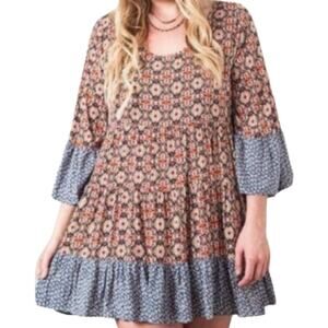 Kori America Boho Printed Tunic Dress | Size M | Flowy Bell Sleeve